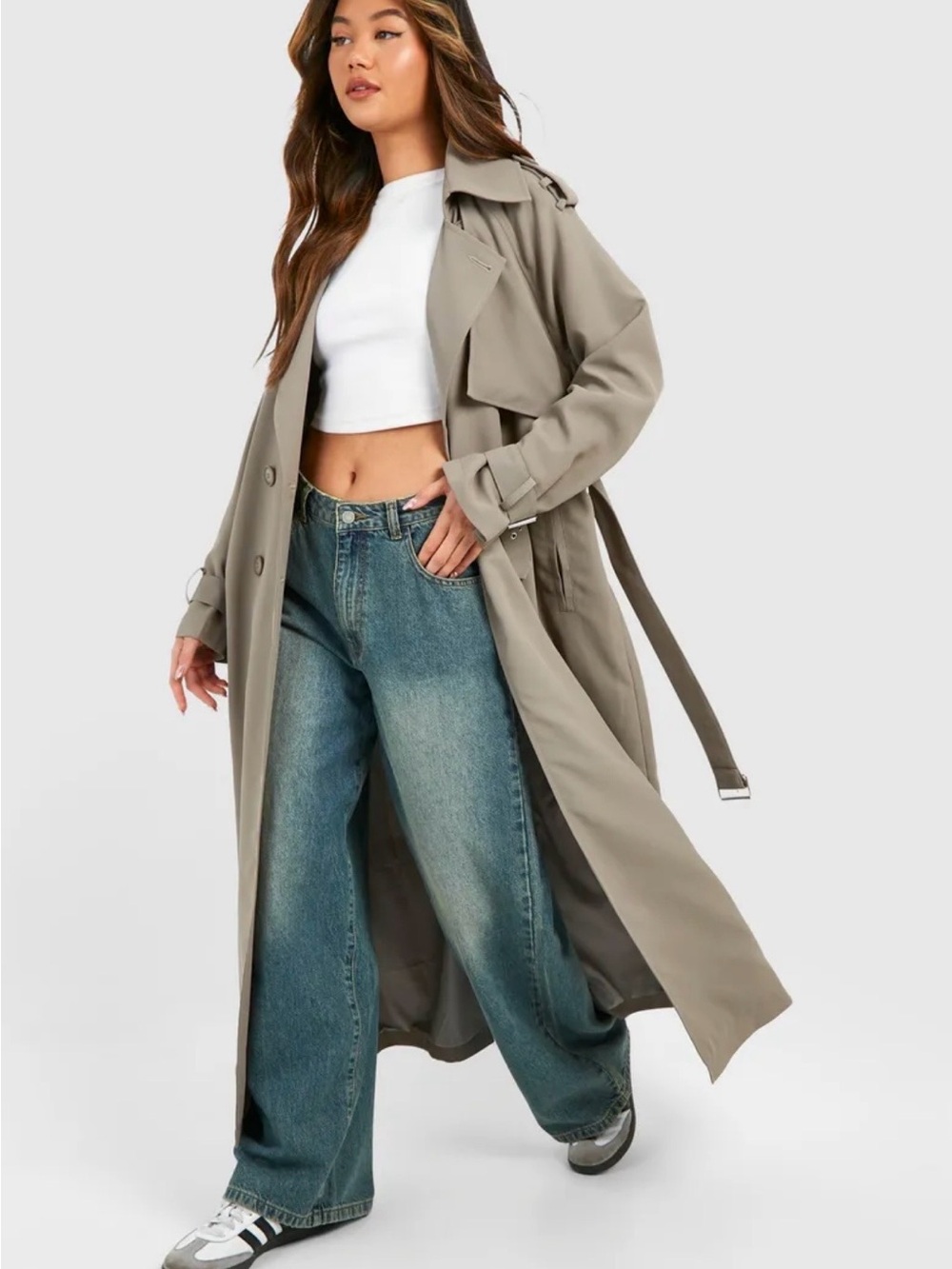 PLT - Women's Dark Oversized Taupe Trench Coat - Picture 2 of 8